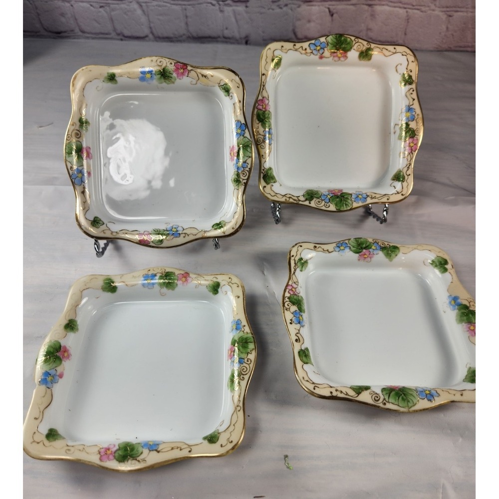 Set of 4 Vintage Hand Painted Nippon Plate Gold Floral Trim Square Dish Tray